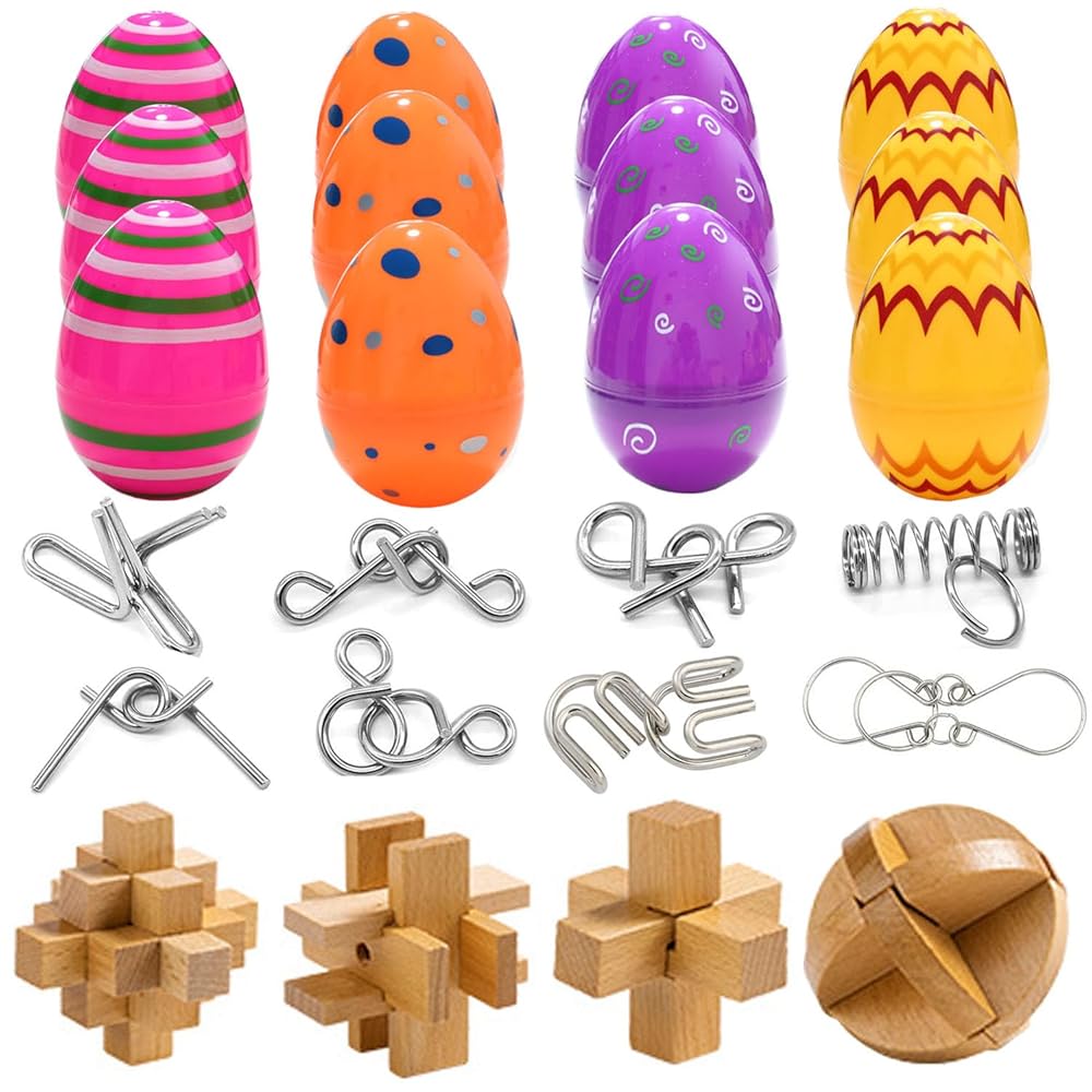 12 Pack Easter Eggs with Brain Teaser Puzzles Toys for Teens Adults Older Kids, Basket Stuffers Ideas, Wooden Metal Brain Puzzles Games for Family Party, Easter Gifts for Teen...