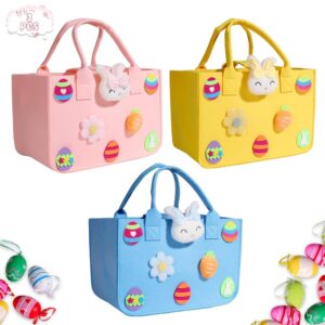 3 Pcs Large Easter Baskets Happy Easter Gift Bags for Kids Reusable Basket with Handles Easter Bunny Tote Bags Empty Easter Egg Hunt Bags Made of Felt Blue Pink and Yellow