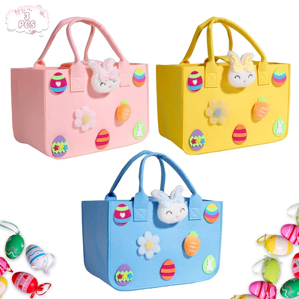 3 Pcs Large Easter Baskets Happy Easter Gift Bags for Kids Reusable Basket with Handles Easter Bunny Tote Bags Empty Easter Egg Hunt Bags Made of Felt Blue Pink and Yellow