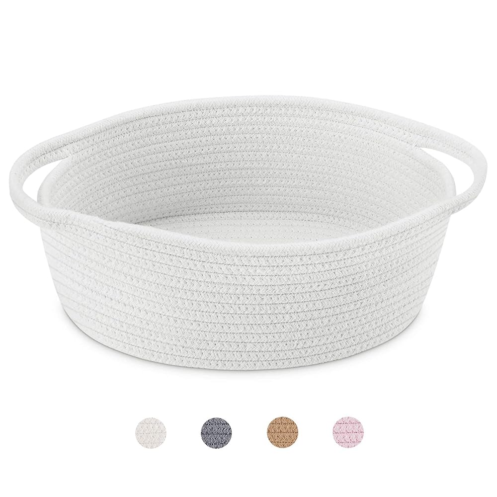 ABenkle Small Woven Storage Basket with Handles - 12"x8"x5", Decorative Rope Bin for Home Organization, Cat & Dog Toys, Shelf Storage, Gift Basket - White