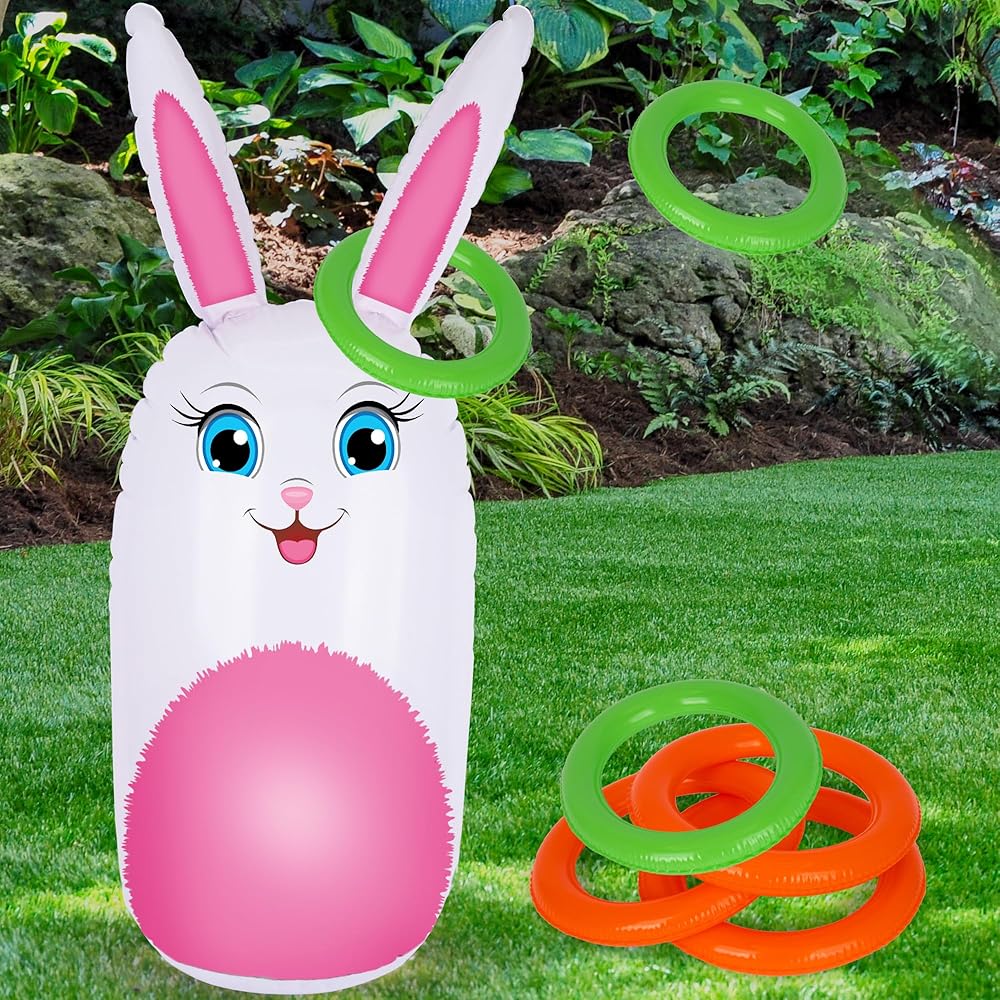 ArtCreativity Easter Bunny Inflatable Ring Toss Game - Easter Games for Kids with Inflatable Bunny and 6 Rings - Weighted Bottom to Keep The Inflatable Rabbit Upright - Outdoor...