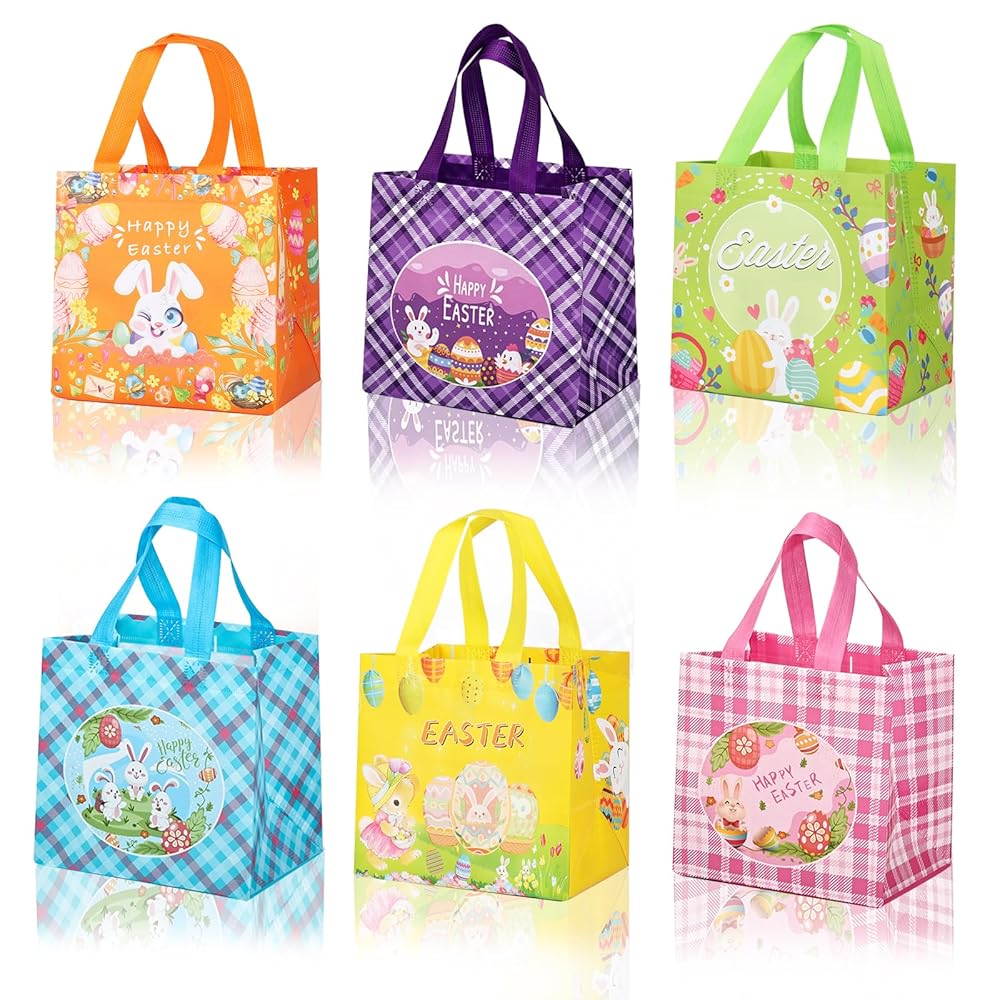 Happy Easter Egg Hunt Bags Bunny Carrot Chick Gift Bags with Handles,Party Supplies,Small Easter Basket Container,8.27x7.9x5.9inch 6-Piece.