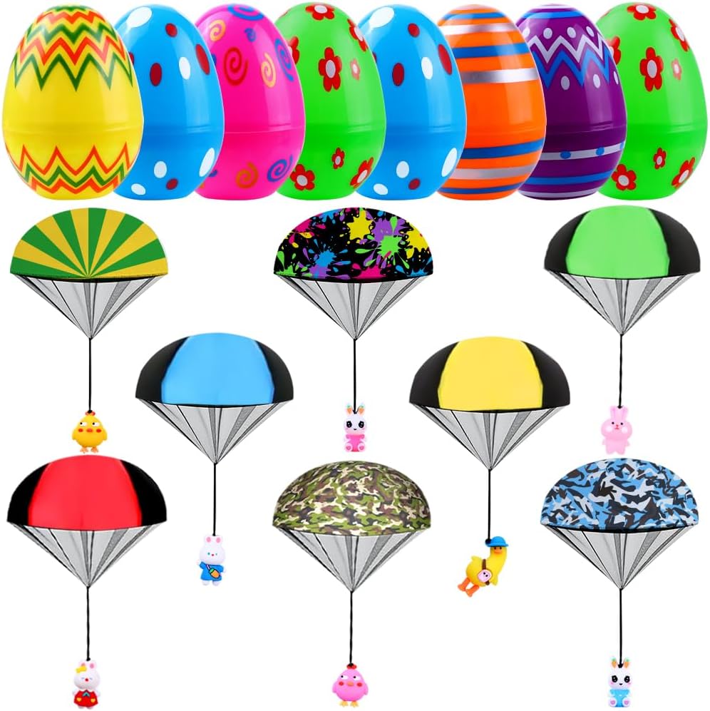 JOICEE 8 Pack Easter Egg Prefilled with Parachute Toys, Easter Basket Stuffers Gifts Hand Throw Flying Toys Filled with Animal Figures for Boys Girls Party Favors Egg Hunt Game