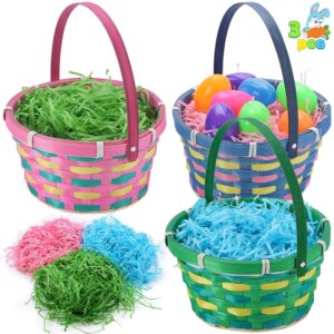 JOYIN Easter Basket 3 Pcs Woven Goodie Gift Basket with Handle and Grass for Easter Egg Hunt Filling with Party Favors