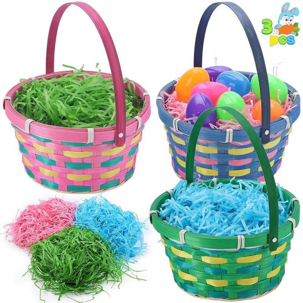 JOYIN Easter Basket 3 Pcs Woven Goodie Gift Basket with Handle and Grass for Easter Egg Hunt Filling with Party Favors