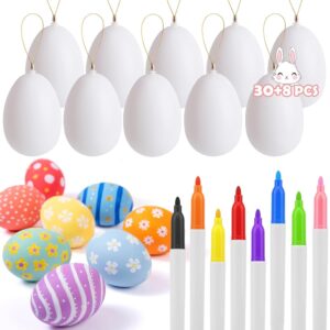 KAFKA 30 Pcs DIY Easter Eggs with 8 Pens, White Plastic Easter Eggs with Rope, Crafts for Kids Party Favor, Classroom Prize Supplies