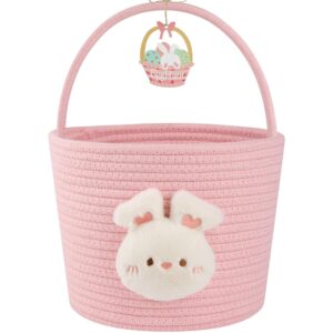 OIAHOMY Easter Basket with Handle, Personalized Bunny Easter Basket for Kids, Woven Rope Gift Empty for Eggs, Baby Treasure Hunt Baskets with Wooden Card for Boys and Girls - Pink