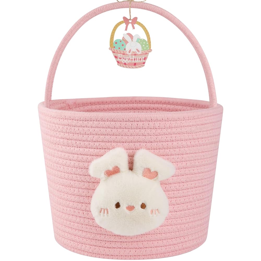 OIAHOMY Easter Basket with Handle, Personalized Bunny Easter Basket for Kids, Woven Rope Gift Empty for Eggs, Baby Treasure Hunt Baskets with Wooden Card for Boys and Girls - Pink