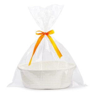 Pro Goleem Small Woven Easter Basket with Gift Bags and Ribbons Durable Baskets for Gifts Empty Small Rope Basket for Storage 12"X 8" X 5" Baby Toy Baskets with Handles, White