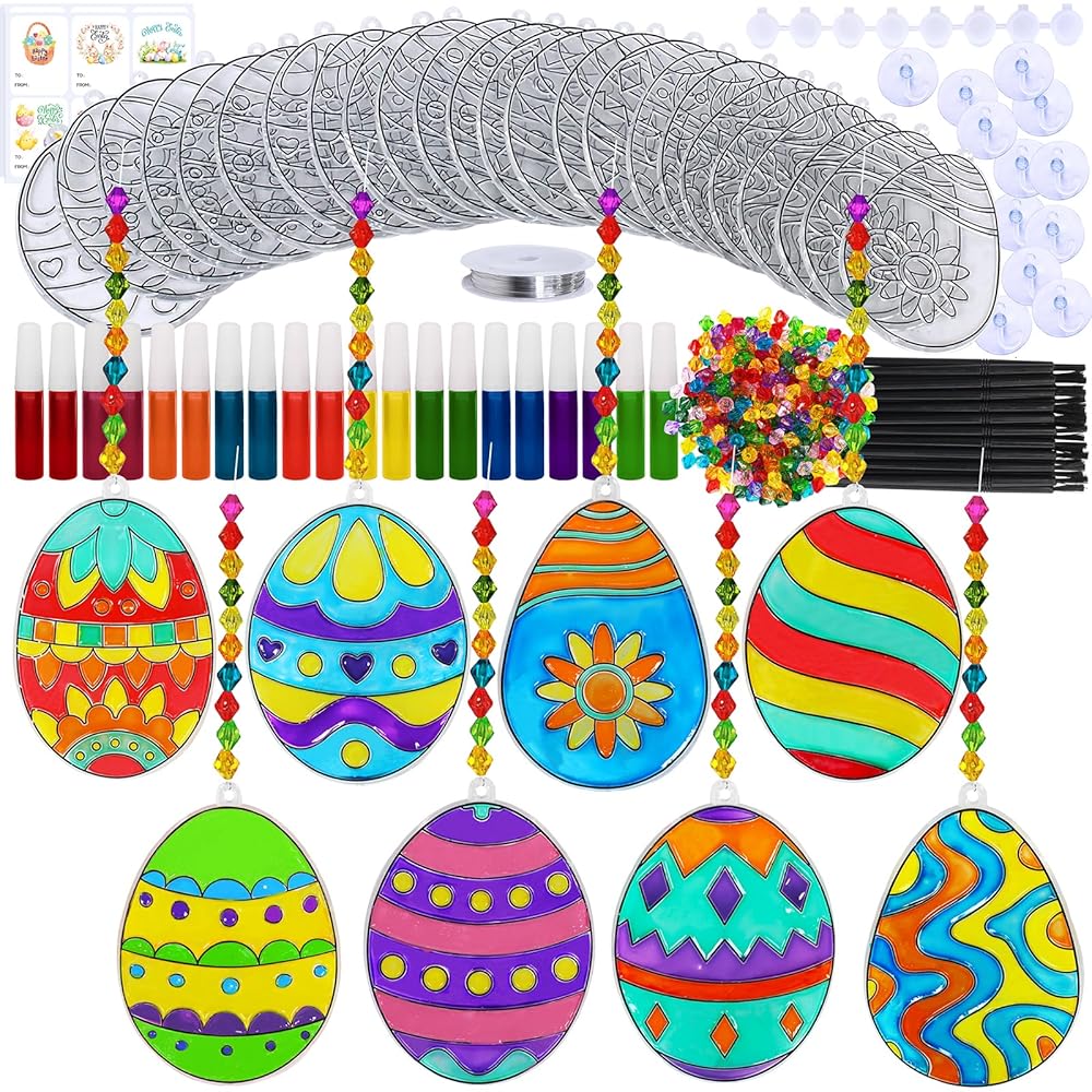 Winlyn 24 Sets Easter Egg Suncatchers Ornaments Decorations DIY Window Paint Art Suncatchers Egg Sun Catchers Painting Craft Kits for Kids Classroom Spring Party Activities Art...