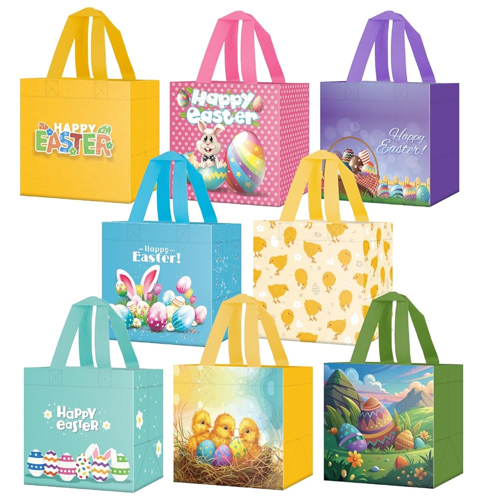 ysmile Easter Egg Hunt Bag, Non-Woven Easter Gift Bag for Kids Reusable with Handle, Carrot Bunny Chick Basket, Easter Treat Bag 8 Pack